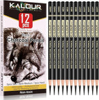 KALOUR Professional Charcoal Pencils Drawing Set -12 Pieces Soft, Medium and Hard Charcoal Pencils for Drawing, Sketching, Shading, Artist Pencils for Beginners & Artists