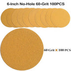 6-Inch No-Hole Hook and Loop Sanding Discs 60-Grit, Random Orbital Sandpaper for Automotive and Woodworking, 100-Pack