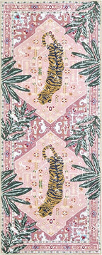 Oriental Tropical Kitchen Runner Rug 2x5 Washable, Thin Stain Resistant Pink Boho Bathroom Runner Rug for Hallway Entryway Bedroom Laundry, Vintage Abstract Hippie Botanical Long Carpet