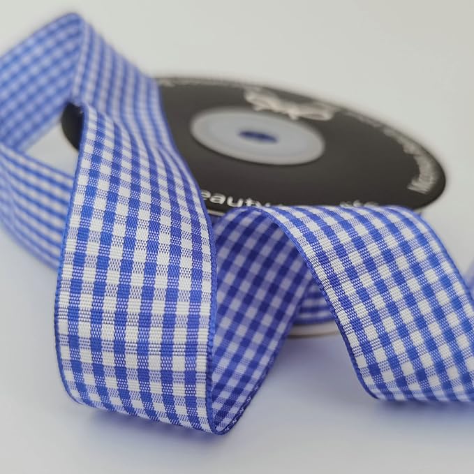 Blue and White Gingham Ribbon Plaid Ribbon 25 Yards Each Roll 100% Polyester (1", Blue)