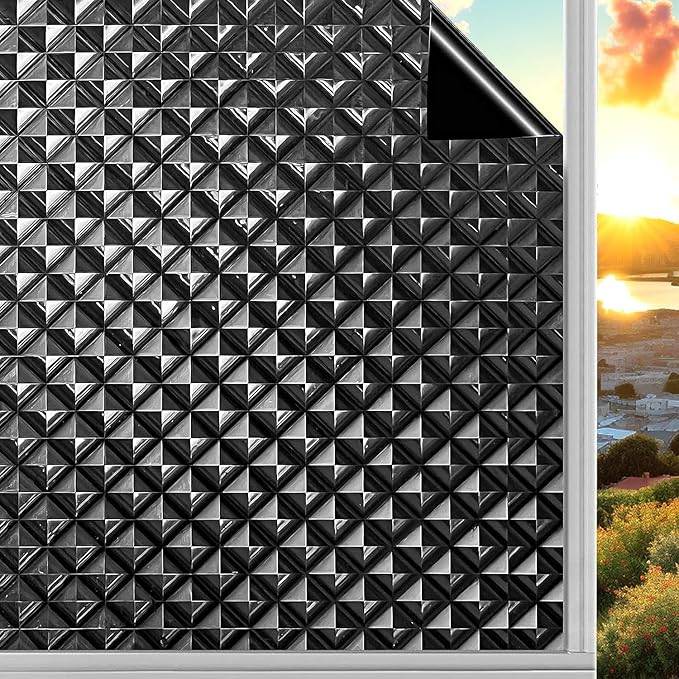 Qualsen Blackout Window Film, 𝟑𝐃 𝐕𝐢𝐬𝐮𝐚𝐥 𝐀𝐩𝐩𝐞𝐚𝐥 100% Light Sun Blocking Privacy Film for Glass Windows, Removable No Glue Black Out Window Tint for Home Day Sleep Garage 35.4×118inch