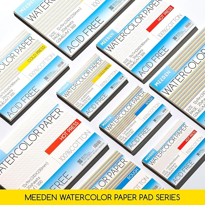 MEEDEN Watercolor Paper Block, 100% Cotton Watercolor Paper Pad of 20 Sheets, 140lb/300gsm, Acid-Free Art Paper for Watercolor, Gouache, Ink and More, 10" x 7" Hot Press