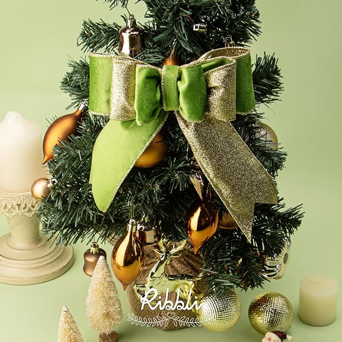 Ribbli Spring Moss Velvet Wired Ribbon 2.5 Inch Lime Green Velvet with Gold Glitter Christmas Ribbon for Christmas Tree Decoration Big Bow Gift Wrapping Crafts Wreaths Supplies- 10 Yards