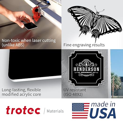 Trotec TroLase | 12"x12"x1/16", 8 Pcs | Black/White | 2 Ply | Modified Acrylic | Laser Engraving Double Color Plastic Sheet | Engraving Blanks for Laser, Saw, Guillotine | Made in USA