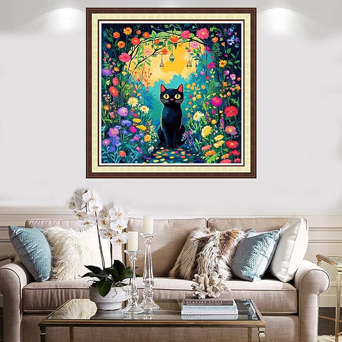 Findvoor Counted Cross Stitch Kits for Adults Full Range of Cross Stitching Embroidery Unprinted Pattern for Beginners, 11CT Needlepoint Kit Patterns Embroidery Kits-Garden Trail Cat 18x18 inch