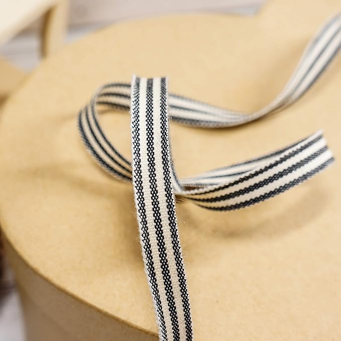 CT CRAFT LLC Ivory Cotton Black Stripes Ribbon 3/8" x 10 Yards for Home Décor Gift Present Wrapping DIY Crafts Birthday Wedding Bouquet Christmas