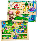 2 in 1 Magnetic Color and Number Maze Magnet Alphabet Counting Double Sided Board Wood Puzzle Fine Motor Skills Montessori Preschool Toys Gifts for Boys and Girls 3-5 Age (Zoo, One Size)