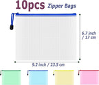 AUSTARK 10 Pcs Zipper File Bags, Waterproof Plastic Mesh Pouch for Office School, Board Game Storage Bags (A5 Size 9.2''x6.7'', Multicolored)