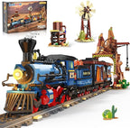 Western Train Building Set with Lights, 1912 PCS West Trains Static Display Model Toy with Tracks Windmill Water Tower, Home Office Decor Building Blocks for Adults Teens Big Boys Girls 12+