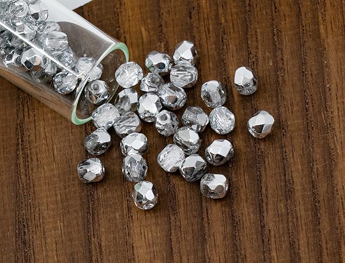 1.76oz Faceted Fire Polished Round Glass Beads 4mm (0.16in), Czech Republic Bohemian Glass Transparent Mix