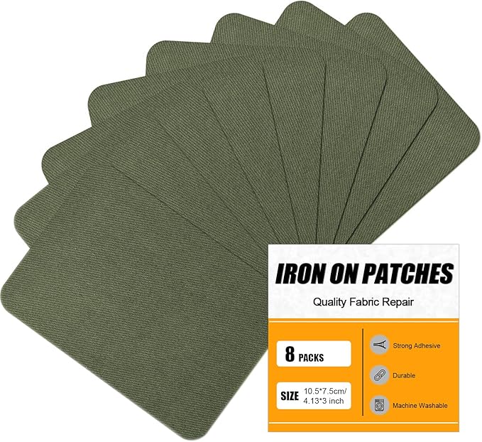 MOONSJONES Iron on Patches for Clothes Fabric Repair, 8 PCS Premium Strongest Glue Cotton Gear Reparing Patch for Holes Inside & Outside Pants, Jeans, Jacket, Hat, Canvas (7.5 cm x 10.5 cm-army green)