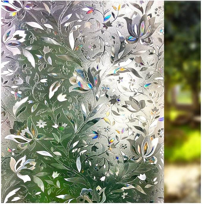 LEMON CLOUD Window Film, Decorative Window Privacy Film, 3D Stained Glass Window Sticker,Anti-UV Sun Blocker Heat Control for Home(Rainbow Tulip Design,35.4 x 78.7 inches)