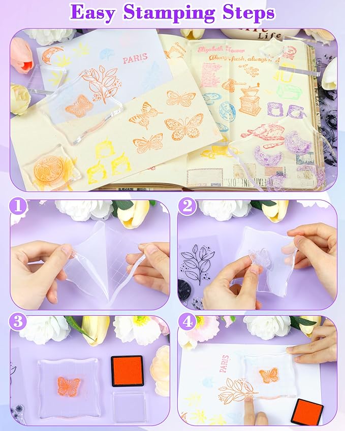 7 Pieces FIVEIZERO Acrylic Stamp Block, Assorted Sizes Clear Stamping Blocks Tools with Grid Lines for Scrapbooking Crafts Card Making and Decorative DIY Essential Stamping Tool(Lace Edge)