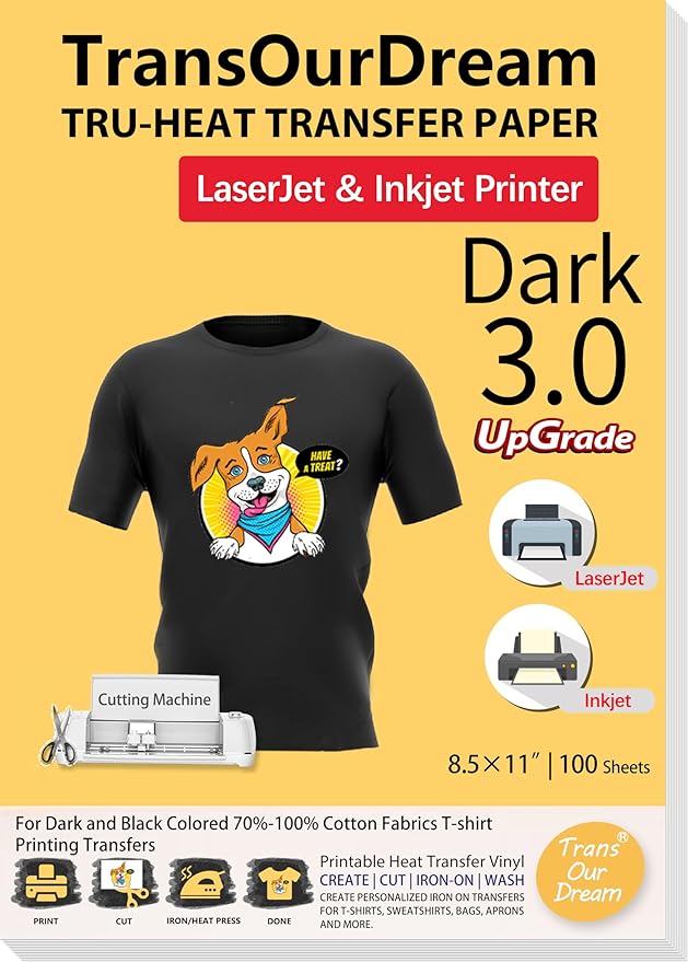 TransOurDream Iron on Heat Transfer Paper for Dark T Shirts (100 Sheets 8.5x11, Dark 3.0) Printable HTV Heat Transfer Vinyl for Inkjet & Laserjet Printer Iron On transfers for T Shirts (TRANS-D3-100)