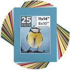 Mat Board Center, Pack of 25, 11x14 for 8x10 Mixed Color Mats - Acid Free, 4-ply Thickness, White Core - for Pictures, Photos, Framing