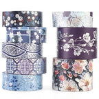 YUBX Elegance Blue Washi Tape Set 8 Rolls Wide Silver Embellishment Decorative Masking Tapes for Arts, DIY Crafts, Journals, Planners, Scrapbook, Wrapping