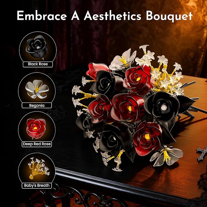Rose Flower Bouquet Building Set for Adults, Halloween for Women Teen Girlfriend, Artificial Floral Botanicals Collection Gothic Decor for Home or Office (414 PCS)