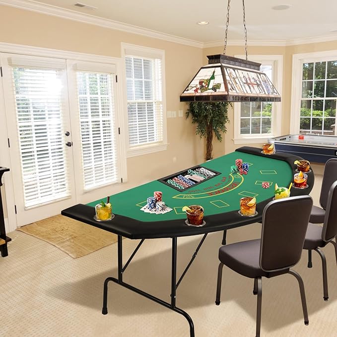 Foldable 7 Players Poker Table for Blackjack, Texas Hold'em Table with Stainless Steel Cup Holder, Casino Leisure Table for Card Games, Dominoes, Board Games,Green Speed Felt