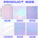 Clabby 36 Sheets Holographic Sticker Paper A4 Vinyl Sticker Paper Self Adhesive Waterproof Transparent Film, 11.7 x 8.3 inches (Gem, Dot, Colorful, Star, Heart, Glossy Clear)