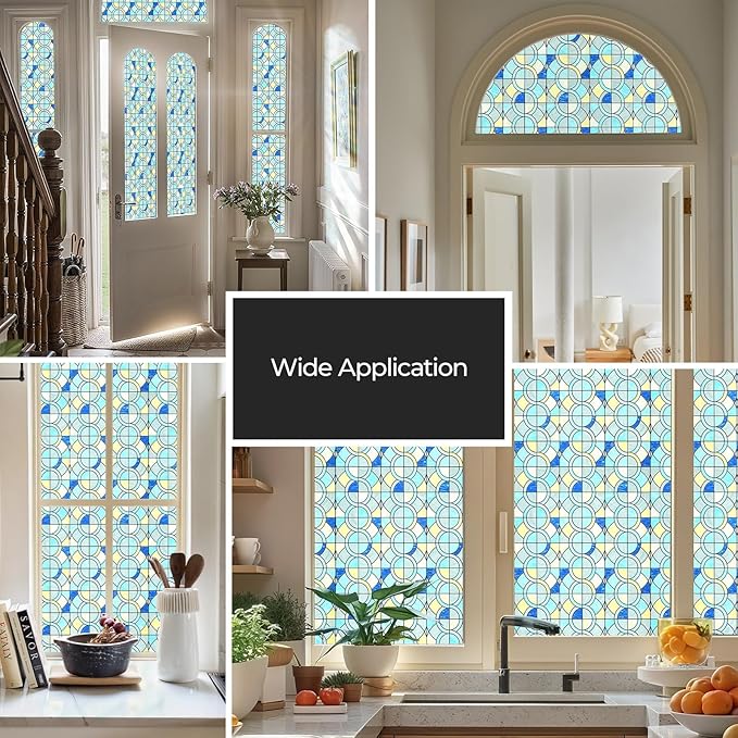 Window Privacy Film, Frosted Glass Decorative Static Cling, Removable Sun Blocking Vinyl Covering, Window Film for Home Kitchen Living Room Bathroom, Geometric Rings, 17.5" x 78.7 "