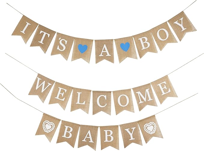MEEDEE Welcome Baby Banner - It's A Boy Burlap Shower Decorations, Rustic Hanging Bunting for Safari Theme, 3 Pieces