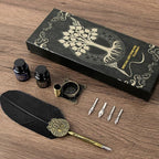 Quill pen ink set,Feather Pen and Ink Set,Antique Calligraphy Pen with 4 Replaceable Nibs,2 Bottle of ink,Feather Dip Pen Holder Christmas Gift for Men&Women.(Black)
