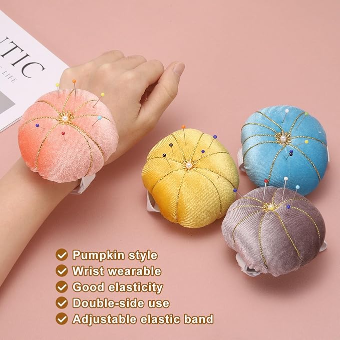 HARFINGTON Wrist Pin Cushion Wristband Sewing Pincushion Polyester Pin Holder Wearable Pumpkin Shaped Needles Wristband for Sewing Quilting Needlework DIY Crafts, Pink