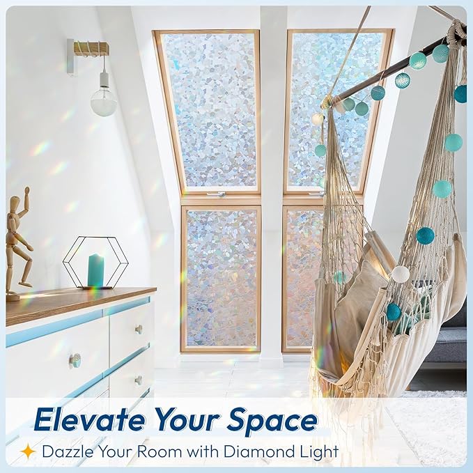 rabbitgoo Rainbow Window Privacy Film Decorative Stained Glass Diamond Pattern Window Sticker with Iridescent Tint Non-Adhesive Static Cling for Home Office Crystal Pattern, 17.5 x78.7 inch