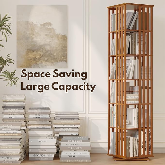 YOWOS Rotating Bookshelf Tower, 360 Display Spinning Bookcase, Bamboo Bookshelf Floor Standing Storage Rack, Wood Narrow Book Shelf Organizer for Kids&Adults, Walnut 6 Tier