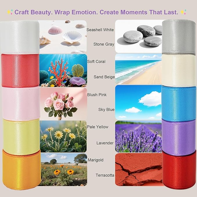 3/8 Double-Faced Satin Ribbon 50 Yards Set,“Morning Meadow”–10 Nature Colored Ribbon Bulk for Gift Wrapping, Crafts, Flower Bouquet, Easter, Wedding, Party Decor, Teacher Kids, Hair & Bows