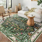 Oriental Tropical Washable Rugs, Greyish Green Boho Vintage Distressed Hippie 4x6 Area Rugs for Living Room Bedroom Kitchen Entryway Dorm, Abstract Botanical Animal Tribal Accent Carpet