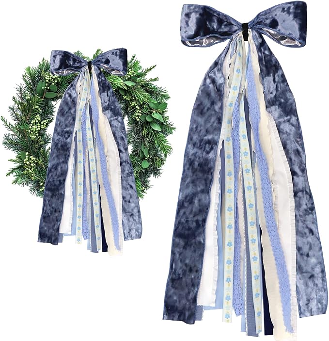 Large Blue Velvet Ribbon Bow for Wreath, Vintage Solid Fabric Ribbons Set Assorted Lace Ribbons Blue White Clip-On Wreath Sash Ribbon Bundle for Winter Christmas Home Indoor Outdoor Decor