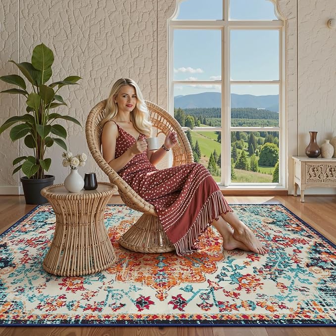 Lahome Bohemian Floral Medallion Area Rug - 4x6 Oriental Distressed Bedroom Rug Country Vintage Faux Wool Indoor Throw Mat Non-Slip Washable Low-Pile Carpet for Bathroom Living Kitchen Laundry Room