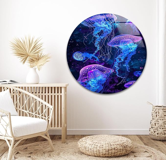 My Photostation.com 14Wx20H'' Glowing Jellyfish Glass Wall Art Tempered Glass Printing Wall Decor Large Wall Art Wall Hangings