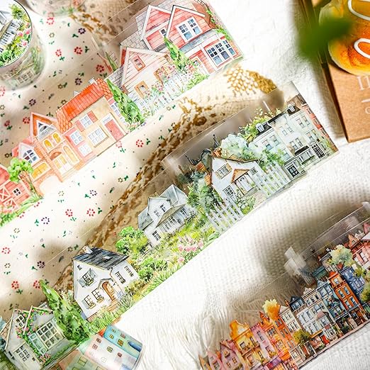 PET Tape Stickers for Scrapbooking,6 Rolls Vintage Town Tape Stickers for Scrapbook Supplies,DIY Craft,Journaling,Notebook,Phone Case(Town)