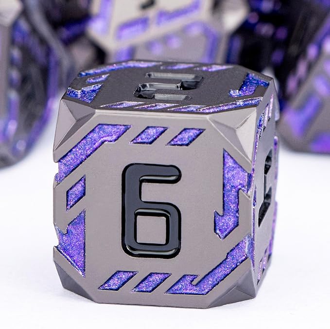 Metal DND Sci-fi Dice Set 7PCS Stripe Polyhedral Dice for Dungeons Dragons RPG Role Playing Game, Glitter D and D Dice with Gift Box D6 D8 D10 D12 D20 (Black Purple) ﻿