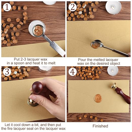 500 Pcs Dark Gold Octagon Wax Seal Beads Kit with 4 Pcs Tea Candles 1 Pc Melting Spoon for DIY Crafts Letters Wedding Wine Bottle Sealing