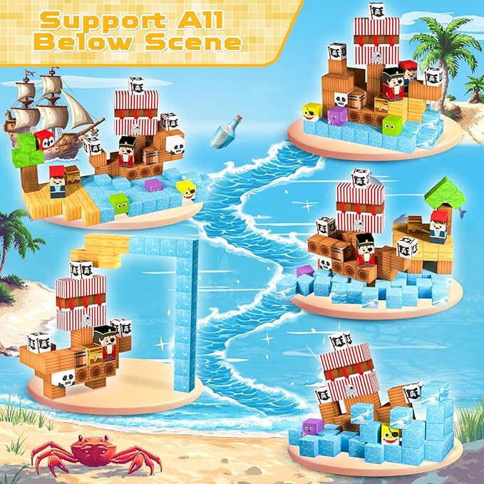Magnetic Blocks - 100PCS Build Pirate-Ship World Set - Magnetic Building Cube Stacking, STEM Montessori Sensory Toys for Kids Boys Girls Ages 3 4 5 6 7 8 9 10 Easter Birthday Gifts