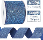 HUIHUANG Navy Blue Wired Christmas Ribbon 4 inch Navy Glitter Wired Ribbon Diamond Mesh Wire Ribbon for X-mas Tree Decorations, Wreaths, Garland, Large Bows Making, Home Decor -10 Yards