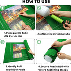 Portable Puzzle Mat Roll Up - with 9 Glue Sheets, Sorting Trays, Hand Pump, Inflatable Tube, and Storage Bag - Perfect for Kids and Adults (Green, 1500pcs)