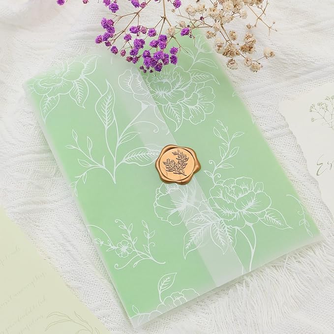 SWANGSA 100 Sets Wedding Invitations Wraps, Vellum Jackets for 5x7 Invitations & Self Adhesive Antique Gold Eucalyptus Wax Seal Stickers for Wedding Bridal Baby Shower Birthday Envelopes (White Rose)