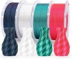 ELEGOO 250g Silk PLA Filament Bundle 1.75mm, 4 Colors Shiny 3D Printer Filaments Dimensional Accuracy +/- 0.02mm, 4 Pack 250g Spool Holly Green/Red/White/Galaxy Black