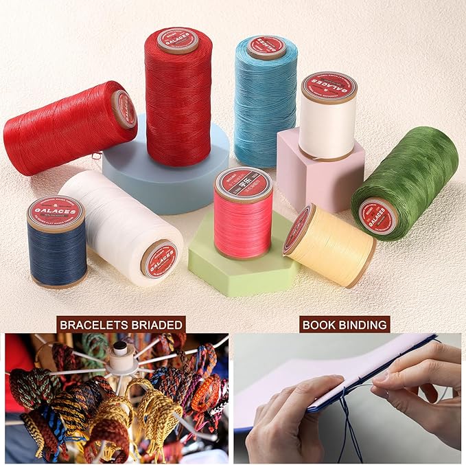 uxcell Flat Leather Sewing Waxed Thread, 140m / 153 Yards Polyester Wax String, 300D Wax Stitching Cord for Leather Crafts, Bookbinding, Bracelets Braided, White