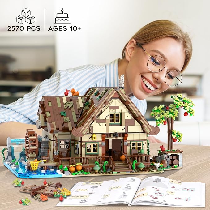 Wood Cabin Building Set with Light, 2570 PCS Wooden Forest House Mini Building Block Toy with Waterwheel Pond Animals, Big House Construction Model for Adults Teens Kids Boys Girls 10-12+