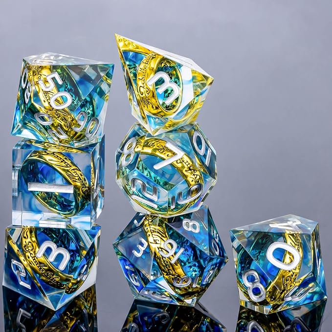 OUKELANWO Magic Lord Rings DND Dice Set with Box, 7Pcs Resin LOTR D&D Dice Set for Role Playing Game, Blue Dungeons Dragons D and D Sharp Edge Dice D20 D12 D10 D8 D6 D4