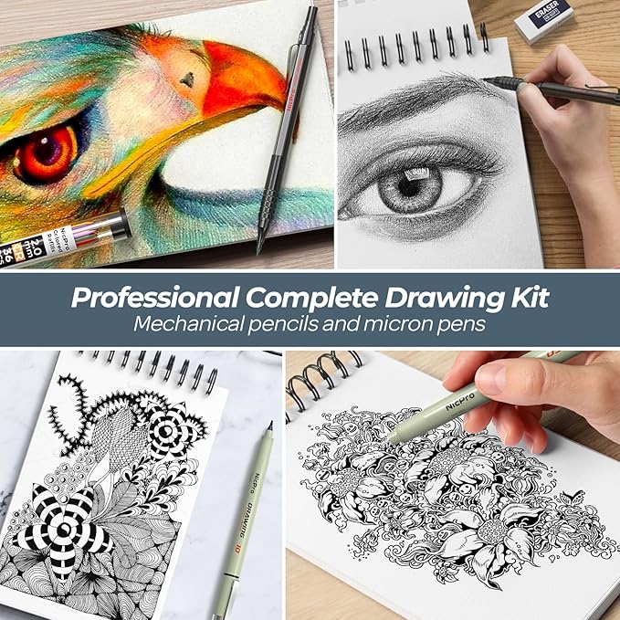Nicpro 58PCS Art Drawing Supplies Kit in Leather Case, MP1000 Black Metal Mechanical Pencil Set with Drafting Pencil 0.5, 0.7, 0.9 & 2mm, 12 Micron Pen, Sketch Book, 30 Tube Lead Refills for Sketching