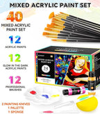40 PCS Classic & Glow in the Dark Acrylic Paint Set with 12 Brushes, 2 Knives & Palette, 24 Colors Art Craft Paint for Beginners, Halloween Pumpkin Canvas Ceramic Rock Painting Kit