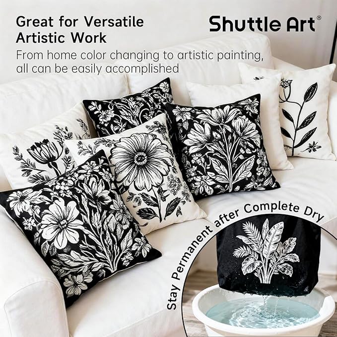 Shuttle Art Black Fabric Paint, 33.8 oz(1000 ml) Large Bottle with Pump, Permanent Fabric Paint for Furniture, Sofa, Cushions, Clothes, Soft Non-Toxic Textile Paint for Color Changing, Renewal & Art Creations
