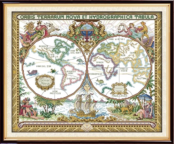 Stitchmelody 14CT Counted Cross Stitch Kits,Unrinted Pattern Embroidery Set-Ancient World Map 20''×16.5''