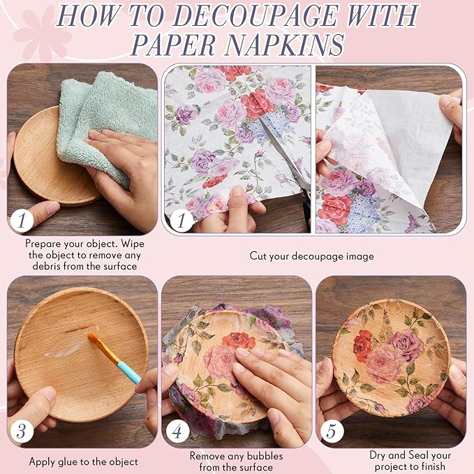 Crtiin 20 Pack Assorted Floral Napkins for Decoupage Toilet Napkins Flower Cocktail Decorative Paper for Birthday Party Beautiful Gorgeous, 20 Styles Each 6.5 inches(Style 1)